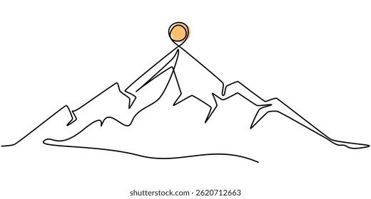 Continuous line drawing of sun and mountain range landscape background, Rocky peaks in simple linear style. Minimalist illustration of sunset in the mountains, Hot temperature and travel symbol vector