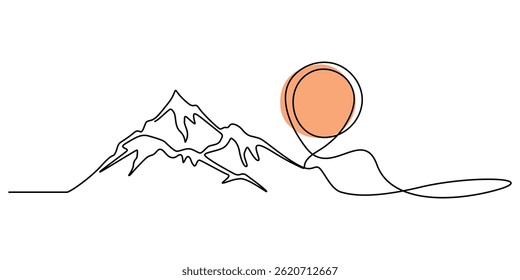 Desenho de linha contínua de sol e cordilheira paisagem fundo, picos rochosos em estilo linear simples. Ilustração minimalista do pôr do sol nas montanhas, temperatura quente e vetor símbolo de viagem