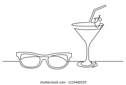 Continuous Line Drawing Of Sunglasses Cocktail Drink