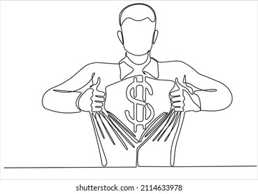 continuous line drawing of a superhero business man tearing his shirt showing his costume chest underneath with dollar sign vector illustration