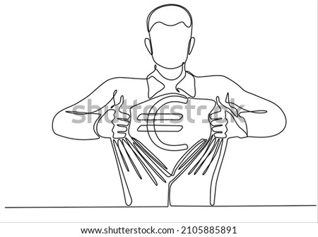 continuous line drawing of a superhero business man tearing his shirt showing the chest of his costume underneath with a euro sign vector illustration