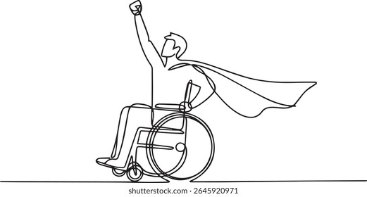 Continuous line drawing of a superhero in a wheelchair with raised arm and flowing cape, minimalist black and white vector illustration