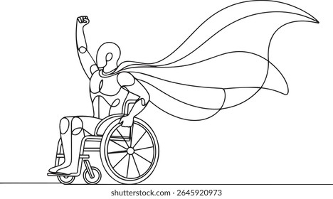 Continuous line drawing of a superhero in a wheelchair with raised arm and flowing cape, minimalist black and white vector illustration