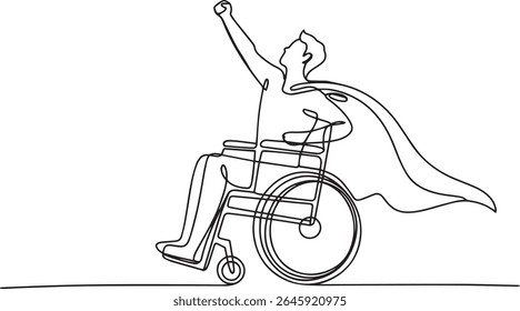 Continuous line drawing of a superhero in a wheelchair with raised arm and flowing cape, minimalist black and white vector illustration