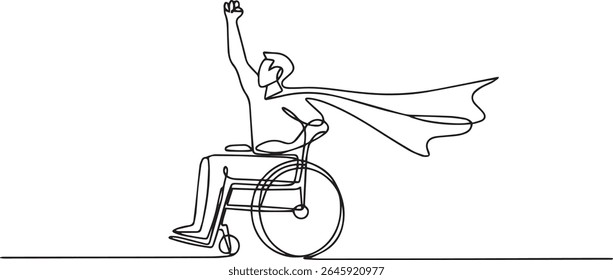Continuous line drawing of a superhero in a wheelchair with raised arm and flowing cape, minimalist black and white vector illustration