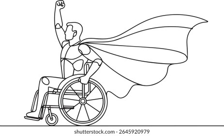 Continuous line drawing of a superhero in a wheelchair with raised arm and flowing cape, minimalist black and white vector illustration