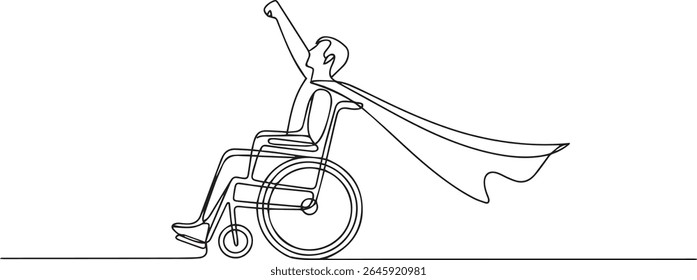 Continuous line drawing of a superhero in a wheelchair with raised arm and flowing cape, minimalist black and white vector illustration