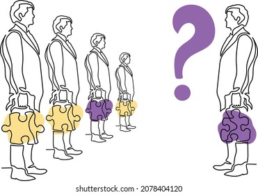Continuous line drawing of a supervisor before choosing a suitable employee. The question is which option is better. Matching puzzles.