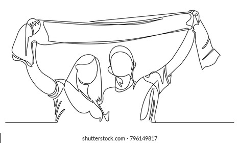 continuous line drawing of a supporter football holding scarf on white background.