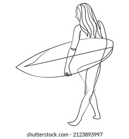 Continuous line drawing of a surfer girl with a surfboard, One line drawing of a surfer girl