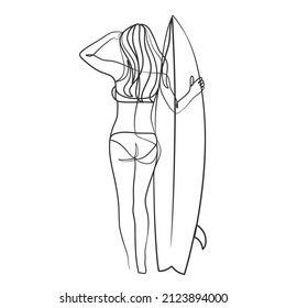 Continuous line drawing of a surfer girl with a surfboard, One line drawing of a surfer girl