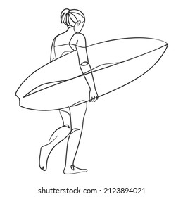 Continuous line drawing of a surfer girl with a surfboard, One line drawing of a surfer girl