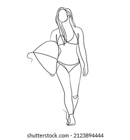 Continuous line drawing of a surfer girl with a surfboard, One line drawing of a surfer girl