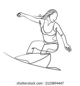 Continuous line drawing of a surfer girl with a surfboard, One line drawing of a surfer girl