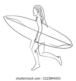 Continuous line drawing of a surfer girl with a surfboard, One line drawing of a surfer girl