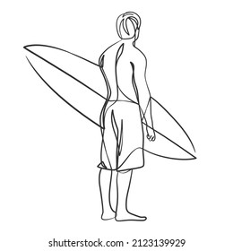 Continuous line drawing of a surfer with a surfboard. One line drawing surfer with a surfboard