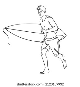 Continuous line drawing of a surfer with a surfboard. One line drawing surfer with a surfboard
