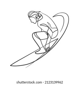 Continuous line drawing of a surfer with a surfboard. One line drawing surfer with a surfboard