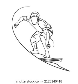 Continuous line drawing of a surfer with a surfboard. One line drawing surfer with a surfboard