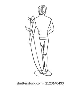 Continuous line drawing of a surfer with a surfboard. One line drawing surfer with a surfboard