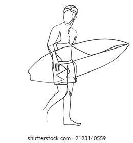 Continuous line drawing of a surfer with a surfboard. One line drawing surfer with a surfboard
