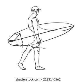 Continuous line drawing of a surfer with a surfboard. One line drawing surfer with a surfboard