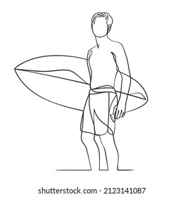 Continuous line drawing of a surfer with a surfboard. One line drawing surfer with a surfboard