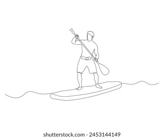 Continuous line drawing of surfer surfing on wave. One line of surfer surfing. Extreme watersport concept continuous line art. Editable outline.

  