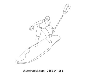 Continuous line drawing of surfer surfing on wave. One line of surfer surfing. Extreme watersport concept continuous line art. Editable outline.

  