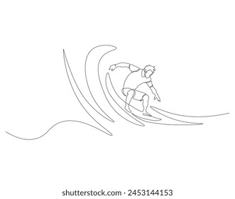 Continuous line drawing of surfer surfing on wave. One line of surfer surfing. Extreme watersport concept continuous line art. Editable outline.

  