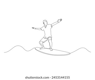 Continuous line drawing of surfer surfing on wave. One line of surfer surfing. Extreme watersport concept continuous line art. Editable outline.

  