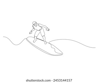 Continuous line drawing of surfer surfing on wave. One line of surfer surfing. Extreme watersport concept continuous line art. Editable outline.

  