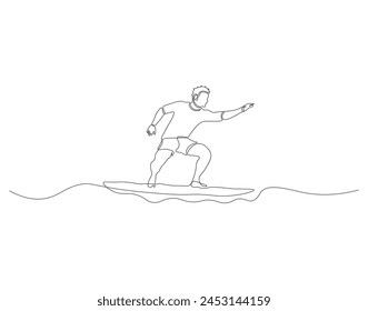 Continuous line drawing of surfer surfing on wave. One line of surfer surfing. Extreme watersport concept continuous line art. Editable outline.

  