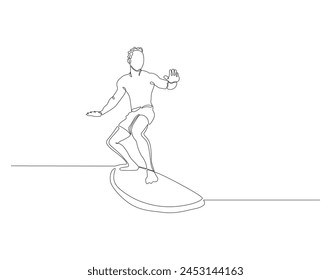 Continuous line drawing of surfer surfing on wave. One line of surfer surfing. Extreme watersport concept continuous line art. Editable outline.

  