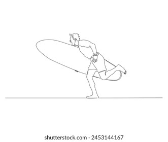 Continuous line drawing of surfer surfing on wave. One line of surfer surfing. Extreme watersport concept continuous line art. Editable outline.

  