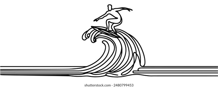 Continuous line drawing of surfer surfing on wave. One line of surfer surfing. Extreme watersport concept continuous line art. Editable outline