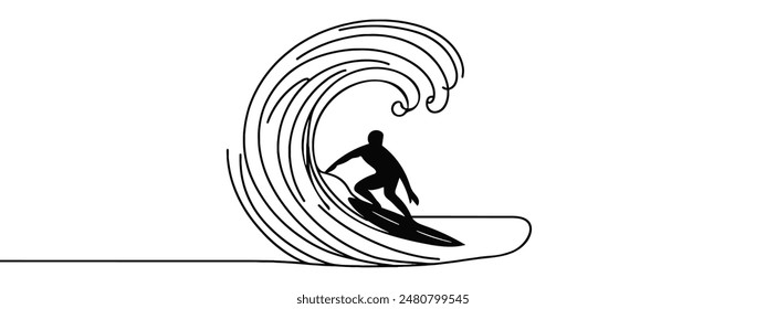 Continuous line drawing of surfer surfing on wave. One line of surfer surfing. Extreme watersport concept continuous line art. Editable outline