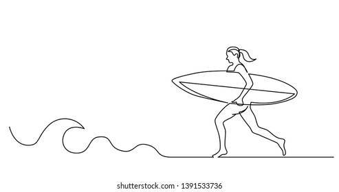 Continuous Line Drawing Of Surfer Woman Running On Beach With Surf Board