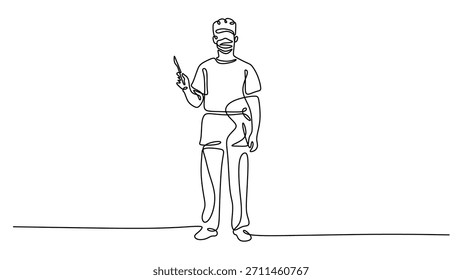 Kontinuierliche Linienzeichnung eines Chirurgen in einer Maske, die ein Skalpell hält, ein Konzept für einen Krankenhausbetrieb oder ein Klinikverfahren. Vektorgrafik einzeln auf weißem Hintergrund.