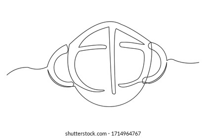 continuous line drawing of surgical mask to protect disease, flu, air pollution, pandemic, virus. Vector illustration.