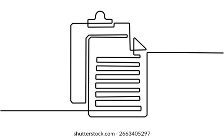 Dibujo de línea continua del icono de Encuesta. Portapapeles con icono de lista de comprobación Dibujo continuo de una línea de Ilustración vectorial de contorno