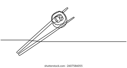 Continuous Line Drawing of Sushi Icon. Hand Drawn Symbol Vector Illustration, One line  Drawing or illustration of chopsticks holding a piece of sushi, minimalist and white background.