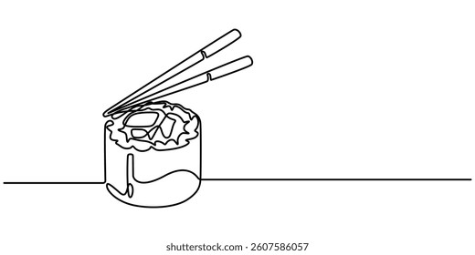 Continuous Line Drawing of Sushi Icon. Hand Drawn Symbol Vector Illustration, One line  Drawing or illustration of chopsticks holding a piece of sushi, minimalist and white background.