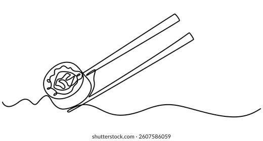 Continuous Line Drawing of Sushi Icon. Hand Drawn Symbol Vector Illustration, One line  Drawing or illustration of chopsticks holding a piece of sushi, minimalist and white background.