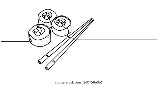 Continuous Line Drawing of Sushi Icon. Hand Drawn Symbol Vector Illustration, One line  Drawing or illustration of chopsticks holding a piece of sushi, minimalist and white background.
