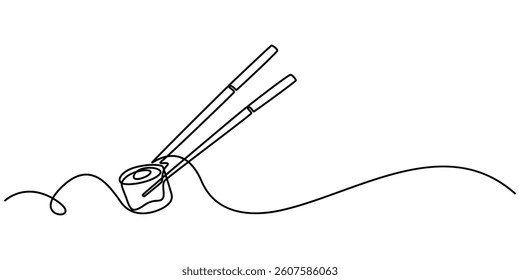 Continuous Line Drawing of Sushi Icon. Hand Drawn Symbol Vector Illustration, One line  Drawing or illustration of chopsticks holding a piece of sushi, minimalist and white background.