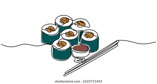 Dibujo de línea continua de piezas de sushi con palillos. Un diseño minimalista que muestra la cocina japonesa. Ilustración vectorial.