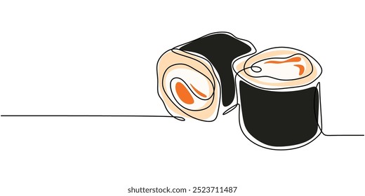 Continuous line drawing of sushi pieces. Captures the essence of sushi in a minimalist, modern way.