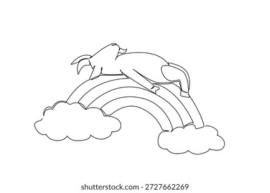 Kontinuierliche Linienzeichnung süßer süßer Babyziege, die ihren Kopf ruht, während sie auf einem lebendigen Regenbogenbogen mit weichen flauschigen Wolken liegt. Natur Konzept Design Bauernhof für Ziege Awareness Month. 