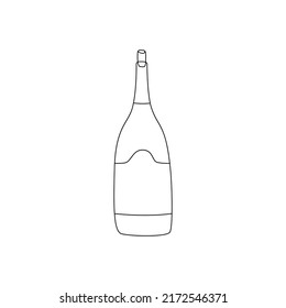 Continuous line drawing of sweet, dry wine bottle with cork. Wine lovers. Minimalist black linear sketch. Poster, print, menu design, coloring. Outline, doodle style. Hand drawn vector Illustration.